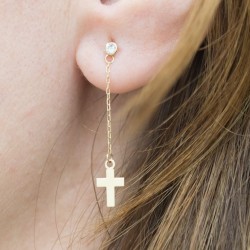 Boucles d’oreilles longues avec zircon et chaîne avec croix en or de 18K