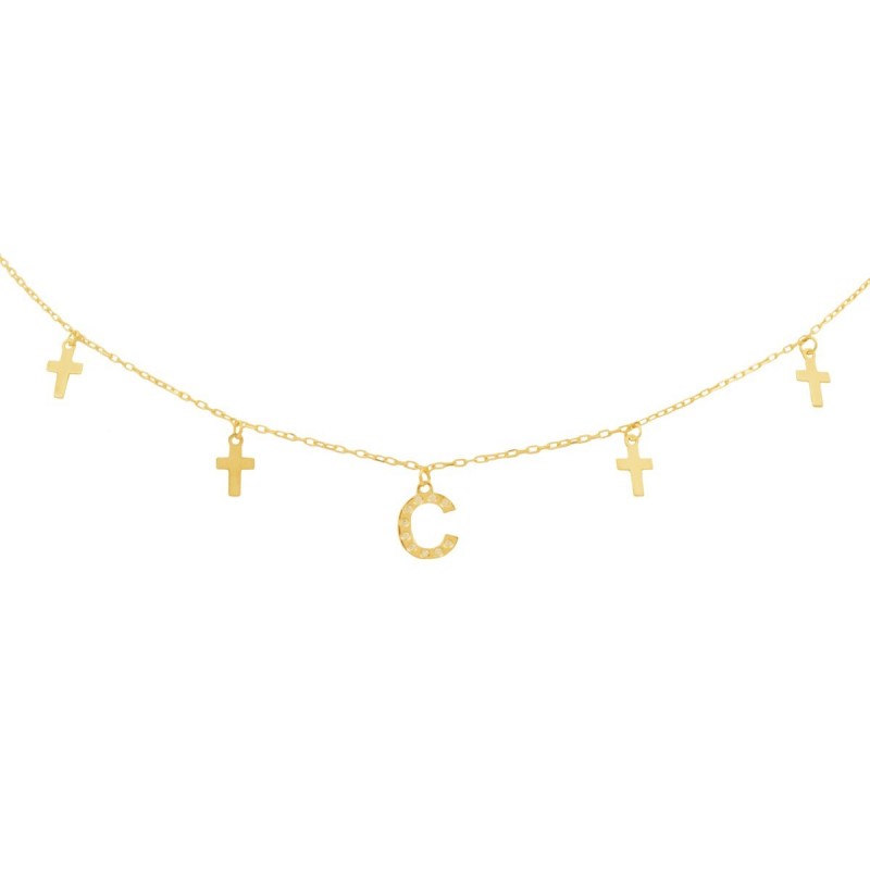 Necklace with initial in zirconia and crosses