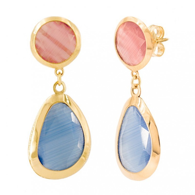 Pink and Blue Quartz Earrings in 18K Gold