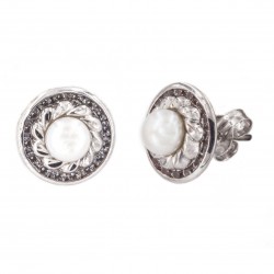 18K Natural Pearl White Gold Earrings with Carved Orla